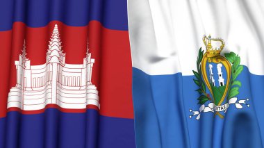 Gerçekçi kumaş dokusuna sahip CAMBODIA ve SAN MARINO bayrakları