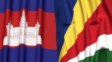 CAMBODIA ve SEYCHELLES bayrakları gerçekçi kumaş dokusuyla