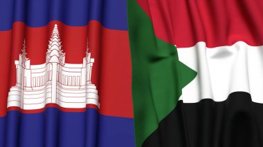 Gerçekçi kumaş dokusuna sahip CAMBODIA ve SUDAN bayrakları
