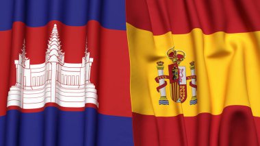 Gerçekçi kumaş dokusuna sahip CAMBODIA ve SPAIN bayrakları