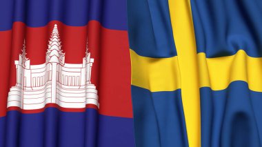 Gerçekçi kumaş dokusuna sahip CAMBODIA ve SWEDEN bayrakları