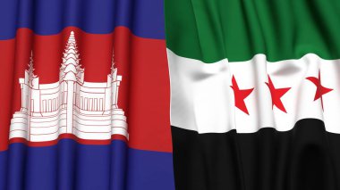 Gerçekçi kumaş dokusuna sahip CAMBODIA ve SYRIA bayrakları