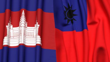 Gerçekçi kumaş dokusuna sahip CAMBODIA ve Tayvan bayrakları