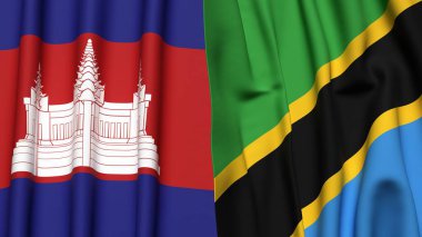 Gerçekçi kumaş dokusuna sahip CAMBODIA ve TANZANIA bayrakları