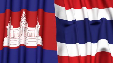 Gerçekçi kumaş dokusuna sahip CAMBODIA ve THAILAND bayrakları