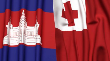 Gerçekçi kumaş dokusuna sahip CAMBODIA ve TONGA bayrakları
