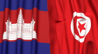 Gerçekçi kumaş dokusuna sahip CAMBODIA ve TUNISIA bayrakları