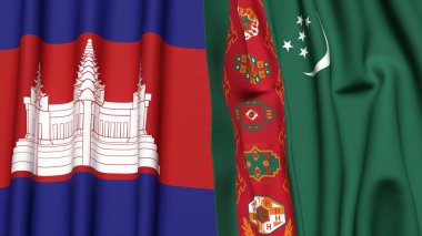 Gerçek kumaş dokusuna sahip CAMBODIA ve Türkmenistan bayrakları