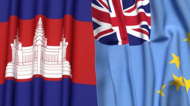 Gerçekçi kumaş dokusuna sahip CAMBODIA ve TUVALU bayrakları