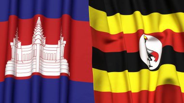 Gerçekçi kumaş dokusuna sahip CAMBODIA ve UGANDA bayrakları