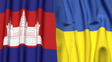 Gerçekçi kumaş dokusuna sahip CAMBODIA ve UKRAINE bayrakları
