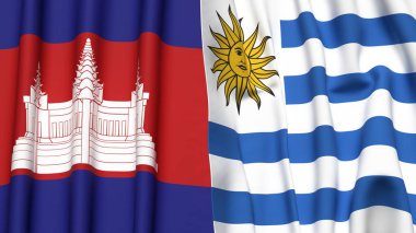 Gerçekçi kumaş desenli CAMBODIA ve Uruguay bayrakları