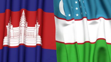 Gerçekçi kumaş dokulu CAMBODIA ve UZBEKISTAN bayrakları