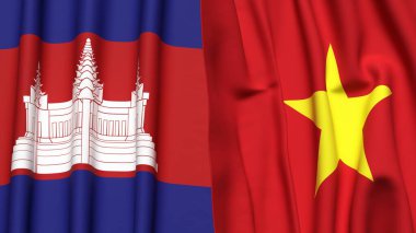 Gerçekçi kumaş dokusuna sahip CAMBODIA ve VİETNAM bayrakları