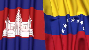 Gerçekçi kumaş desenli CAMBODIA ve Venezuela bayrakları