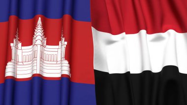 Gerçekçi kumaş dokusuna sahip CAMBODIA ve YEmen bayrakları