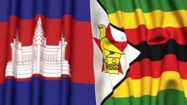 Gerçekçi kumaş dokusuna sahip CAMBODIA ve ZIMBABWE bayrakları