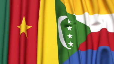Gerçekçi kumaş dokusuna sahip CAMEROON ve COMOROS bayrakları