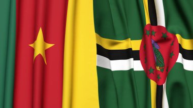 Gerçekçi kumaş dokusuna sahip CAMEROON ve DOMINICA bayrakları