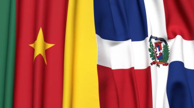 Gerçekçi kumaş dokusuna sahip CAMEROON ve DOMINICAN Cumhuriyet bayrakları
