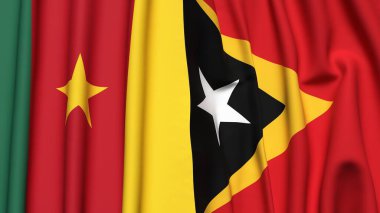 Gerçekçi kumaş dokusuna sahip CAMEROON ve Doğu TiMOR bayrakları