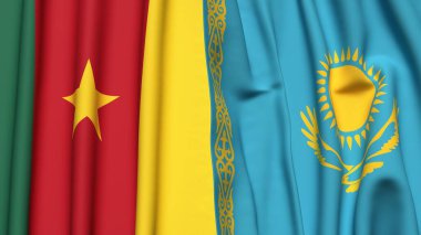 Gerçekçi kumaş dokusuna sahip CAMEROON ve KAZAKHSTAN bayrakları
