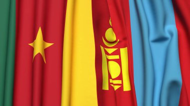 Gerçekçi kumaş dokusuna sahip CAMEROON ve Mongol bayrakları