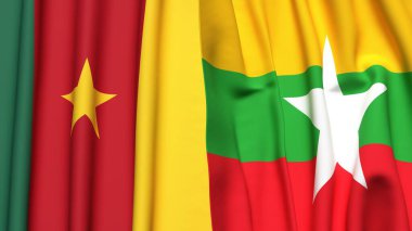 Gerçekçi kumaş dokusuna sahip CAMEROON ve Myanmar bayrakları
