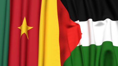 Gerçekçi kumaş dokusuna sahip CAMEROON ve Filistin 4k bayrakları