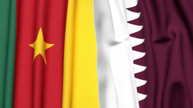 Gerçekçi kumaş dokusuna sahip CAMEROON ve Katar bayrakları