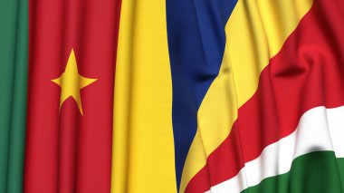 Gerçekçi kumaş dokusuna sahip CAMEROON ve SEYCHELLES bayrakları