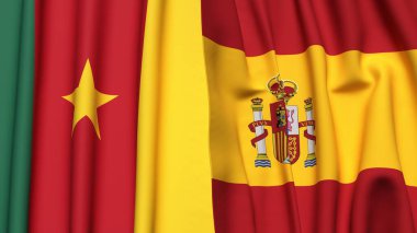 Gerçekçi kumaş dokusuna sahip CAMEROON ve SPAIN bayrakları