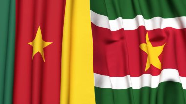 Gerçekçi kumaş dokusuna sahip CAMEROON ve SURINAME bayrakları