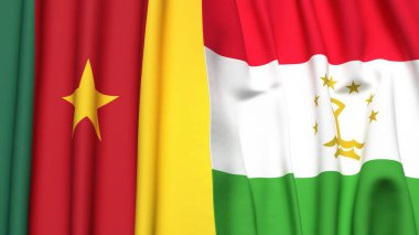 Gerçekçi kumaş dokusuna sahip CAMEROON ve TAJIKISTAN bayrakları
