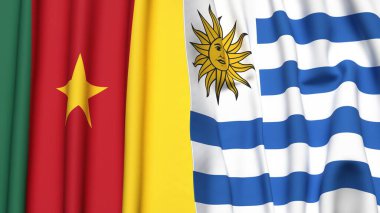 Gerçekçi kumaş dokusuna sahip CAMEROON ve Uruguay bayrakları