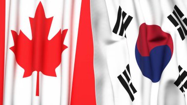 Kanada ve Kore 'nin bayrakları gerçekçi kumaş dokusuna sahip.