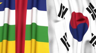 Orta Afrika Cumhuriyeti ve Güney Kore bayrakları gerçekçi kumaş dokusuyla