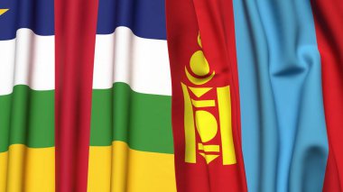Orta Afrika Cumhuriyeti ve Mongolya 'nın gerçekçi kumaş dokusuna sahip bayrakları