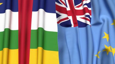 Orta Afrika Cumhuriyeti ve TUVALU 'nun gerçekçi kumaş dokusuyla bayrakları