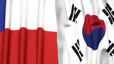 Şili ve Kore 'nin bayrakları Gerçekçi kumaş dokusuyla