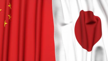 Çin ve Japon bayrakları gerçekçi kumaş desenli.