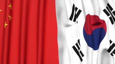 Çin ve Kore 'nin bayrakları gerçekçi kumaş dokusuna sahip.