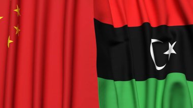 Gerçekçi kumaş dokusuna sahip Çin ve Libya bayrakları