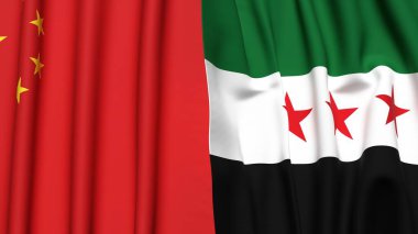 Gerçekçi kumaş dokusuna sahip Çin ve SİRIA bayrakları