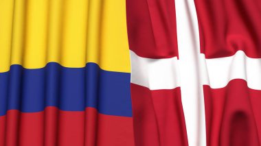 Gerçekçi kumaş dokusuna sahip KOLOMBIA ve DENMARK bayrakları