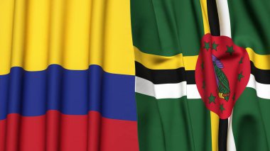 Gerçekçi kumaş dokusuna sahip KOLOMBIA ve DOMINICA bayrakları