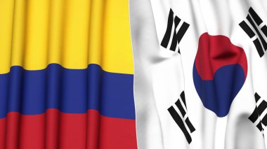 KOLOMBIA Bayrakları ve KOREA GÜNEY Gerçekçi kumaş dokusuyla