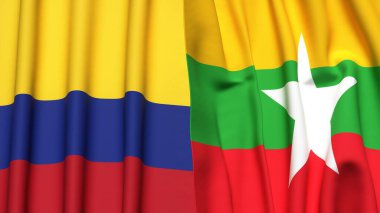 KOLOMBIA ve Myanmar bayrakları gerçekçi kumaş dokusuyla