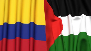 KOLOMBIA ve Filistin 4k bayrakları gerçekçi kumaş dokusuyla
