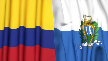 KOLOMBIA ve SAN MARINO bayrakları gerçekçi kumaş dokusuyla
